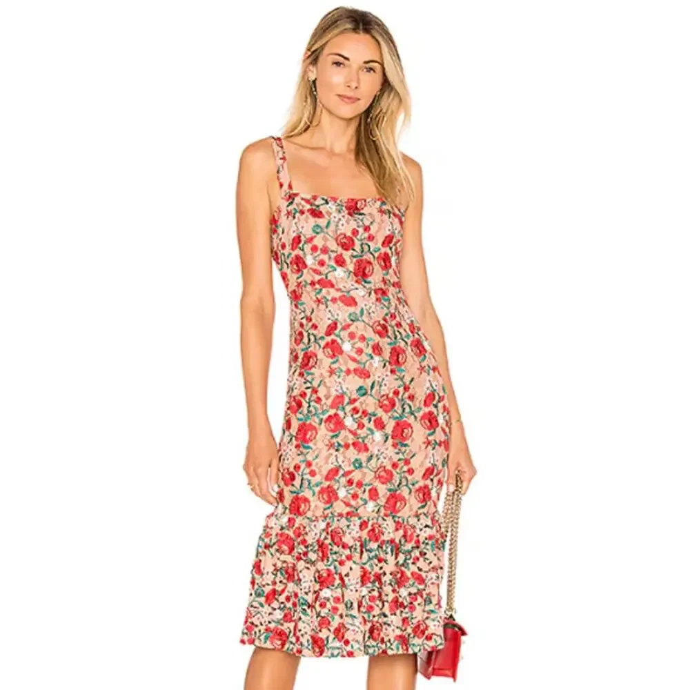 Lovers + Friends Under the Stars Midi Dress Floral Lace Ruffle Cottagecore Nude - Picture 2 of 15